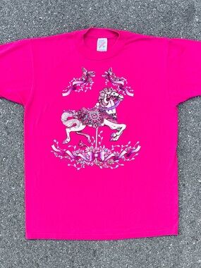Vtg 1992 Carousel Horse Tee - Pink Single Stitch Jerzees 50/50- M 19.5x26.5
